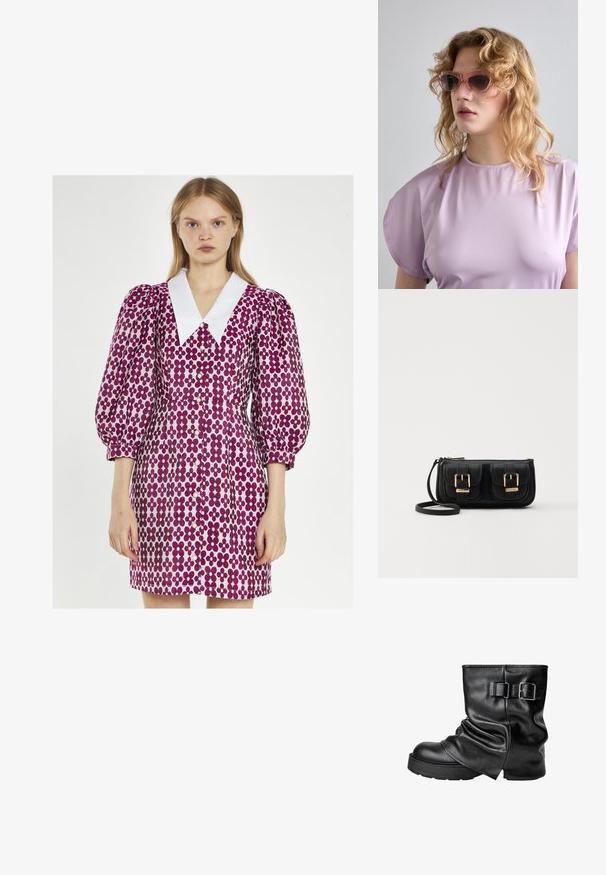 Glamorous - Sukienka koszulowa; Czarne skórzane botki do kostki z luźnym fasonem, kwadratowym noskiem i boczną sprzączką. Gruba podeszwa zapewnia dodatkową wysokość i stabilność.; Różowe okulary przeciwsłoneczne o geometrycznej oprawie, w połączeniu z miękką lawendową bluzką z okrągłym dekoltem i rękawami łączonymi.; Czarna skórzana torba na ramię z dwoma przednimi kieszeniami, złotymi klamrami, zamkiem błyskawicznym i cienkim paskiem. Teksturowana powierzchnia i kompaktowy prostokątny kształt.