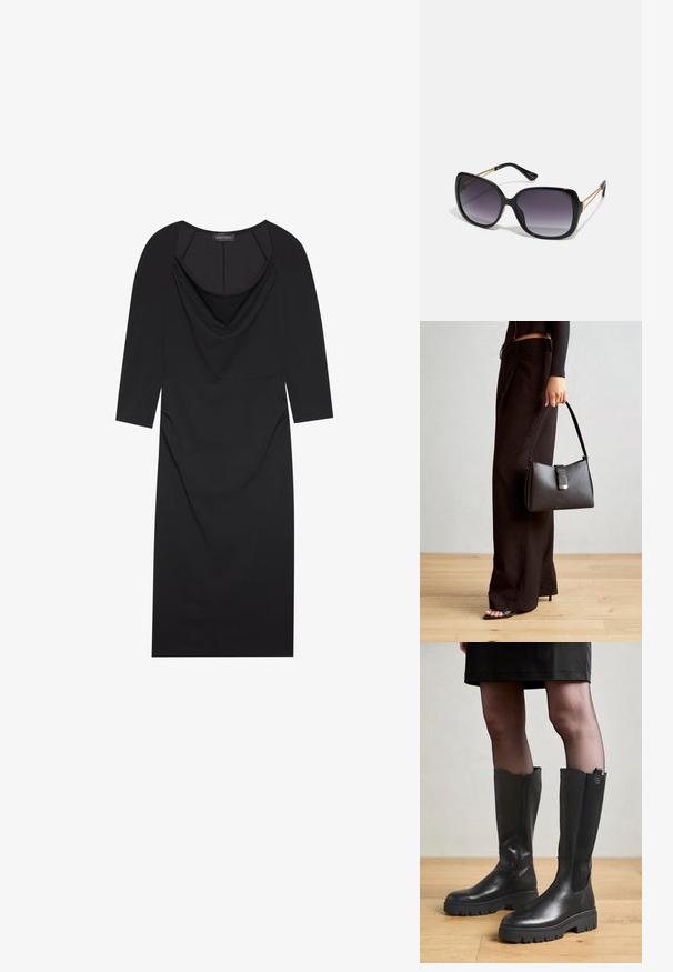Černé šaty s okrovým výstřihem, tříčtvrtečními rukávy, přiléhavým střihem a jemným nařasením po stranách. Vyrobeno z hladké tkaniny.; Černé kozačky nad kolena s hladkým koženým povrchem, elastickými bočními panely a robustní gumovou podrážkou s texturovaným vzorem. ; Černé oversized sluneční brýle se gradientními skly, silnými rámy a zlatými řetízkovými detaily na nožičkách.; Černá kabelka se strukturovaným tvarem, hladkým povrchem a kovovým uzávěrem. Kombinována s širokými černými kalhotami a sandály s otevřenou špičkou na dřevěné podlaze.