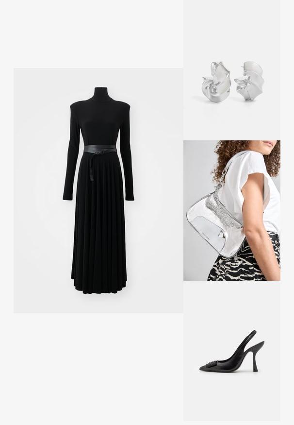 Norma Kamali SHOULDER PAD TURTLE FLARED DRESS TO MIDCALF - Džersio suknelė - black; Juoda odinė slingback tipo avalynė su smailiu pirštu, siauru aukštu kulnu ir dekoratyvine kaspino akcentu. Lygi tekstūra ir elegantiškas dizainas.; Sidabro spalvos metalinė peties kuprinė su lygiu paviršiumi, išlenkta forma, grandinėlės rankena ir blizgiu priekiu, kuriame subtiliai išgraviruotas logotipas.; Sidabriniai auskarai su tekamu, spiraliniu dizainu. Lygus paviršius su blizgiu apdaila. Yra švelni blizgesys ir jokie matomi papuošimai.