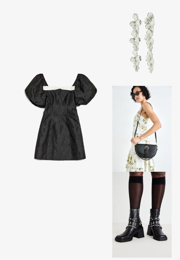 Crna haljina s puf rukavima, teksturiranim tkaninom, pripijenim korzetom i bijelom satenskom vrpcom na leđima. Kratka dužina.; Crne gležnjače s debelim potpeticom, ukrašene srebrnim zakovicama i trakama, napravljene od kože s glatkom teksturom i zatvaranjem na patentni zatvarač.; Crna kožna torba s lukovitim oblikom, odvojivim remenom i zlatnim detaljima. Torba ima preklop s kopčom.; Srebrne naušnice s cvjetnim uzorkom i slojevitim listovima. Tekstura izgleda složeno i polirano, ističući prirodni motiv.