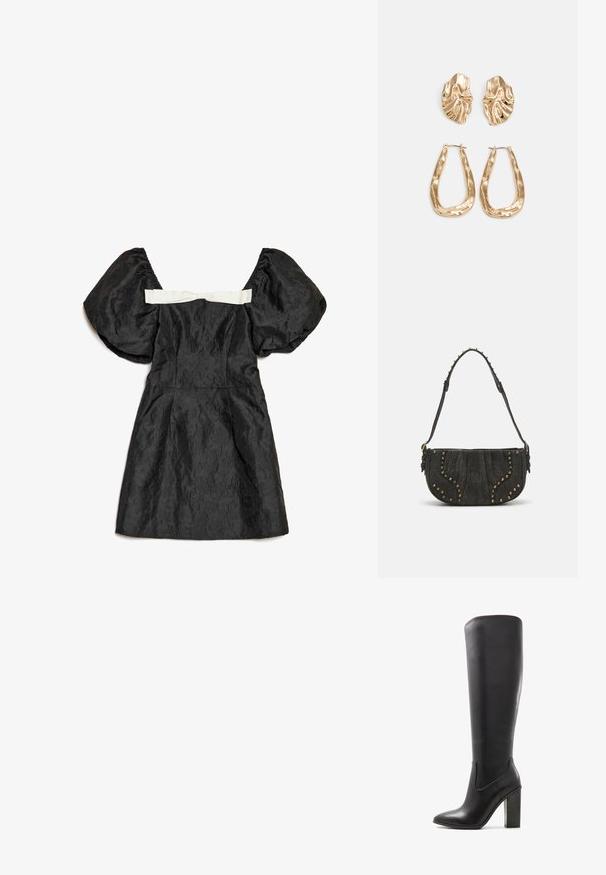 Čierne šaty s balónovými rukávmi, textúrovanou látkou, priliehavým živôtikom a detailom bielej saténovej stuhy na chrbte. Krátka dĺžka.; ALDO PILLOW WALK PULL ON GLAJAR - Topánky na vysokom opätku - black; Čierna semišová kabelka s oblúkovým dizajnom, zdobená nitmi a textúrovaným povrchom. Nastaviteľný popruh s detailmi z hrotov pozdĺž okraja.; Náušnice v zlatej farbe s textúrovanými, vlnitými tvarmi. Obsahujú sochárske klipsové náušnice a otvorený tvar krúžku s kladivkovým povrchom.