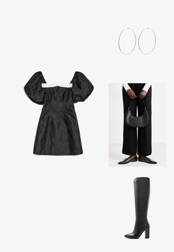 Mustassa mekossa on puffyhihat, teksturoitu kangas, vartalonmyötäinen yläosa ja valkoinen satiininauha takana. Lyhyt pituus.; ALDO PILLOW WALK PULL ON GLAJAR - Korolliset saappaat - black; Mustapohjainen nahkalaukku, jolla on pyöreä muoto, kiiltävä pinta ja hopeiset varusteet. Henkilöllä on päällään mustat leveälahkeiset housut ja niittilapaset.; Hope hopeita hopeita, joissa on sileä, pyöreä muoto ja kiiltävä pinta. Ne ovat ohuita ja kevyitä, ja niissä on yksinkertainen lukitus.