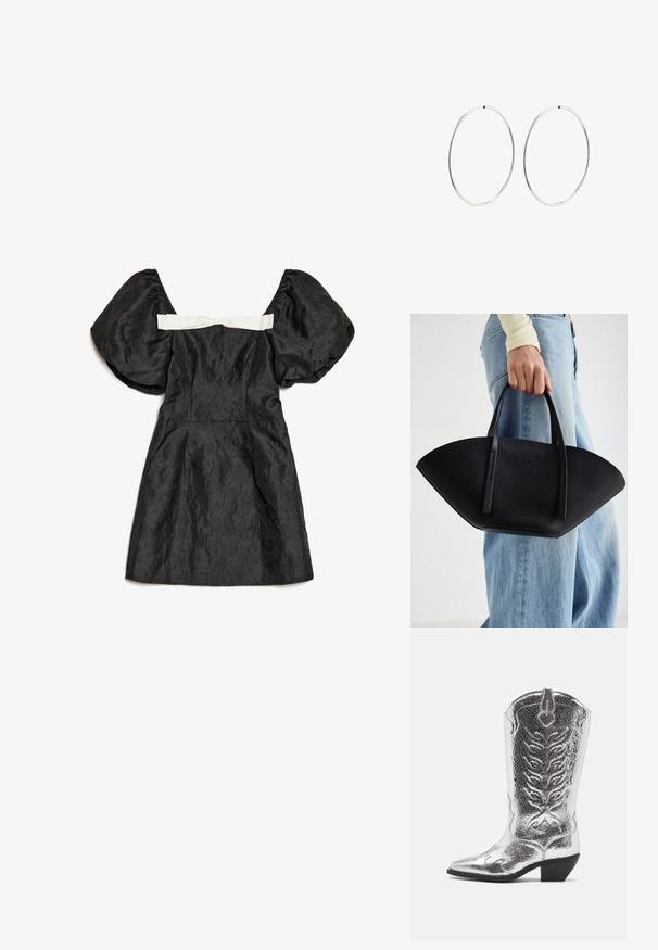 Vestido negro con mangas abullonadas, tela texturizada, corsé ajustado y un detalle de cinta blanca de satén en la parte trasera. Largo corto.; AllSaints DOLLY - Botas camperas - metallic silver; Bolso de mano de cuero negro con una forma de abanico única, que cuenta con asas planas. La superficie tiene una textura de grano y un diseño minimalista.; Pendientes de aro plateados con un diseño redondo y liso, y un acabado pulido. Son delgados y ligeros, y cuentan con un sencillo cierre de gancho.