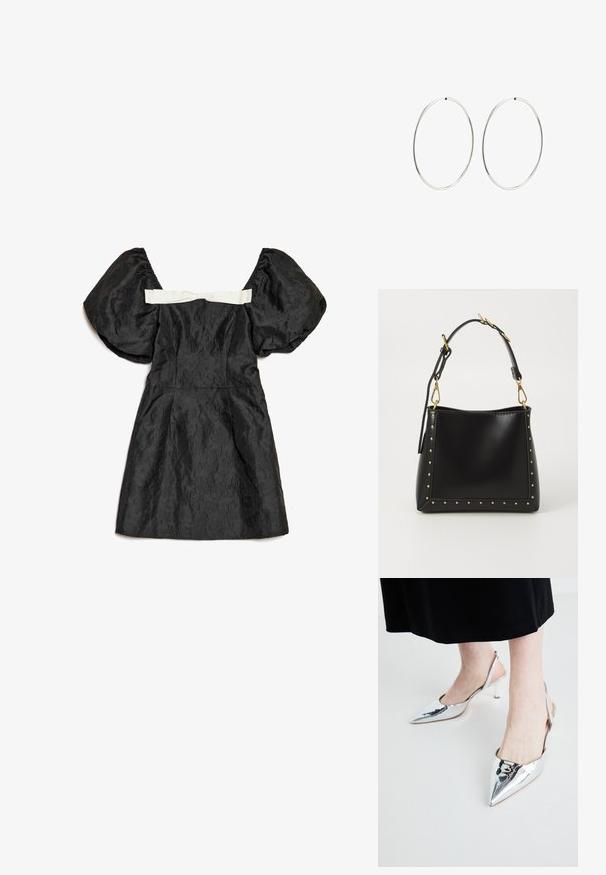 Melna kleita ar pūkainām piedurknēm, teksturētu audumu, piegulošu korseti un baltu satīna lentas detaļu aizmugurē. Īss garums.; Sudrabaini, norādītu pirkstu siksnas apavi ar gludu apdari un plānu papēdi. Minimalistisks dizains ar vienmērīgu tekstūru un atvērtu aizmuguri.; Melnas ādas rokassoma ar strukturētu formu, ar zeltītu naglām pa malām un noņemamu siksniņu ar zelta furnitūru.; Sudraba riņķa auskari ar gludu, apaļu dizainu un pulētu apdari. Tie ir plāni un viegli, ar vienkāršu aizdari.