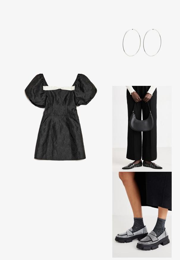 Črna obleka z nabranimi rokavi, teksturirano tkanino, oprijetim trupom in belo satensko pentljo na zadnji strani. Kratka dolžina.; Črne slip-on čevlje z okrasnimi kamenčki, debelimi črnimi podplati in kontrastnimi sivimi teksturiranimi nogavicami. Sproščen in edinstven dizajn.; Črna usnjena torba za ramo z zaokroženo obliko, sijajno površino in srebrnimi dodatki. Oseba nosi črne široke hlače in loaferje s konicami.; Srebrne obročaste uhane z gladkim, okroglim dizajnom in poliranim zaključkom. So tanke in lahke, z enostavnim zapiranjem na sponko.