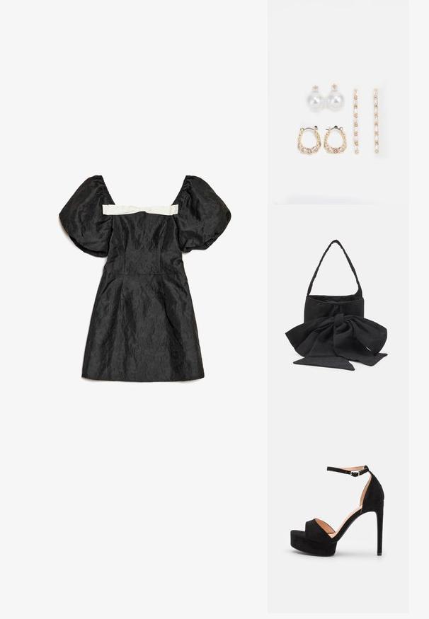 Black dress with puff sleeves, textured fabric, fitted bodice, and a white satin ribbon detail at the back. Short length.; Black suede high-heeled sandal with a platform sole, ankle strap with silver hardware, open toe design, and smooth texture.; Black fabric handbag featuring a tied bow accent, rounded shape, textured surface with small patterns, and a single, thin handle.; Three pairs of earrings: large white pearl studs, gold hoops with clear gemstones, and two long, straight gold accent earrings with sparkly details.