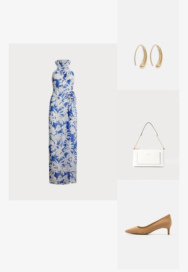 Robe maxi en imprimé floral bleu et blanc ; design à col halter avec un corsage ajusté et un détail de taille nouée. Tissu lisse, silhouette longue.; Chaussure à talon haut à bout pointu en daim beige, présentant un talon bas et une texture lisse. Silhouette classique avec un léger détail à l'arrière.; Sac à main en cuir blanc avec un fini texturé, doté d'une bandoulière en chaîne dorée et d'accents noirs. Comprend une poche avant et une fermeture éclair.; Boucles d'oreilles en métal doré en forme d'anneau, avec une forme courbée et allongée. Elles présentent une surface lisse et brillante avec une pointe arrondie pour un détail supplémentaire.