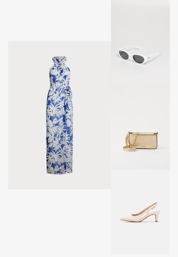 Vestido maxi em padrão floral azul e branco; design de halter com corpete ajustado e detalhe de cintura amarrada. Tecido suave, silhueta longa.; Sandal com salto branco, ponta afilada, material superior liso, salto bloco baixo e design com recortes laterais, com tira ajustável.; Óculos de sol brancos com armação redonda e lentes escuras. Apresenta uma textura plástica suave e um pequeno logótipo na haste.; Clutch de couro dourado metálico com um acabamento texturizado, apresentando uma alça de corrente dourada e uma alça de ombro removível. Logotipo da marca em relevo.