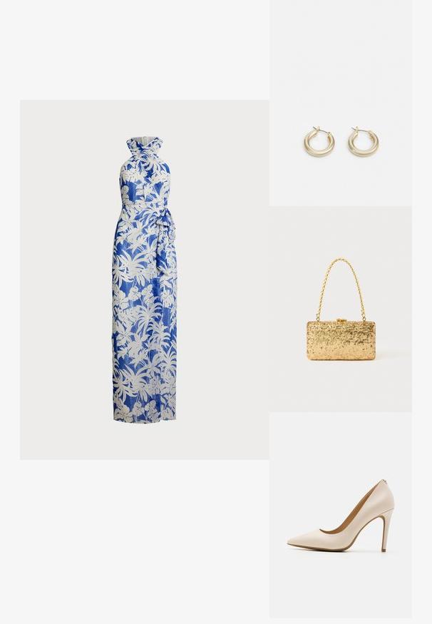 Abito maxi in stampa floreale blu e bianco; design con collo all'americana, corpino aderente e dettaglio in vita annodato. Tessuto liscio, silhouette lunga.; Décolleté beige con tacco alto, punta affusolata, finitura in pelle liscia, tacco a stiletto sottile, design minimalista con un sottile dettaglio sul retro.; Clutch oro in paillettes con forma rettangolare, dotata di una maniglia in catena attorcigliata e una chiusura a scatto in metallo, che riflette la luce con una finitura testurizzata.; Lauren Ralph Lauren BASIC SMALL HOOP - Orecchini - gold-coloured
