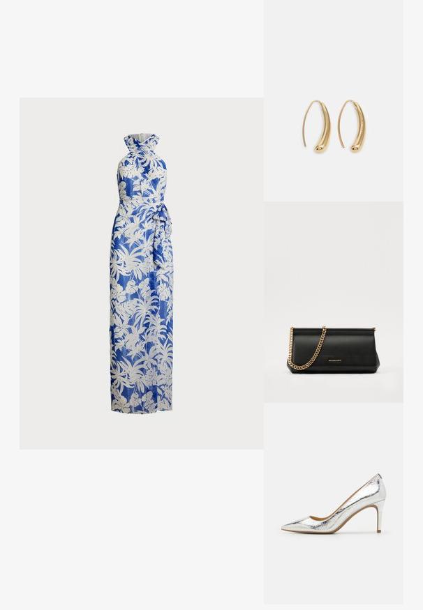 Maxi ruha kék és fehér virágmintában; nyakpántos dizájn, illeszkedő felső résszel és megkötős derék részlettel. Sima anyag, hosszú sziluett.; Ezüst fémes, hegyes orrú magassarkú cipő, sima textúrával, 10 cm-es sarokkal és diszkrét ráncos mintázattal a felületen.; Fekete bőr kisméretű táska arany lánccal, sima felülettel, téglalap alakú, és dombornyomott márkázással az elején.; Aranyszínű fémből készült karika fülbevalók ívelt, hosszúkás formával. Simaságával és fényes felületével, valamint lekerekített végével további részletekkel bővül.