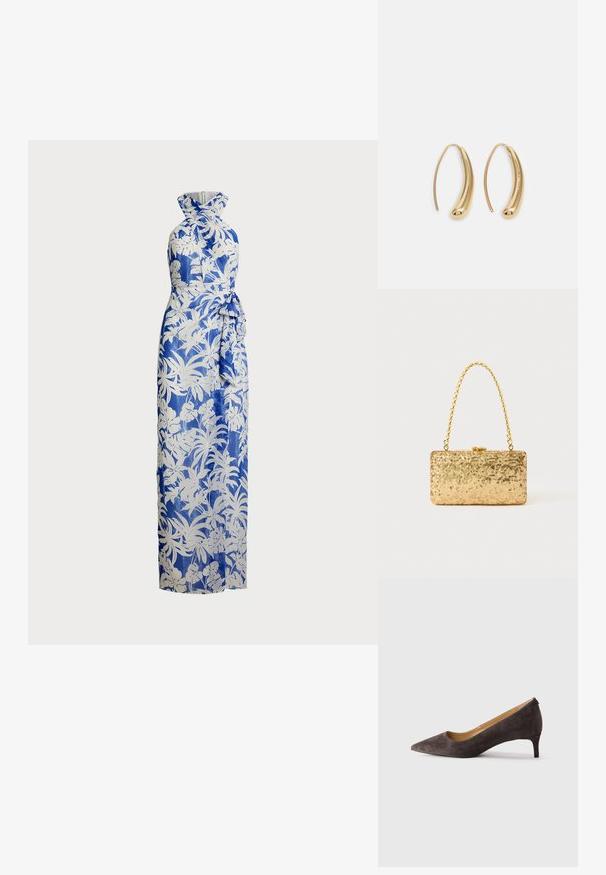 Maxi jurk in blauw en witte bloemenprint; halternek ontwerp met een aansluitende bustier en een strikdetail in de taille. Gladde stof, lange silhouet.; Donkerbruine suède pumps met een puntige neus en lage hak, met een slanke hak en een gladde tan binnenvoering, weergegeven in profiel op een neutrale achtergrond.; Gouden pailletten clutch in rechthoekige vorm, met een gedraaide kettinghandvat en een metalen sluiting, die het licht reflecteert met een gestructureerde afwerking.; Gouden metalen oorbellen in de vorm van een gebogen, verlengde hoop. Kenmerkend zijn het gladde, glanzende oppervlak en de afgeronde punt voor extra detail.