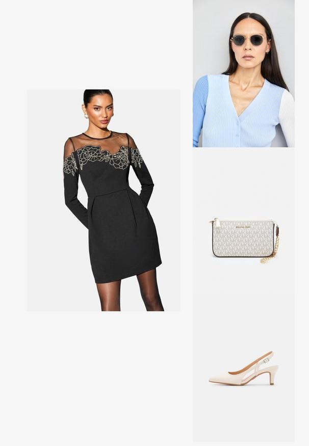 Črna obleka z dolgimi rokavi, prosojnim mrežastim izrezom in cvetličnim vezenjem v zlati barvi. Prilagojena oblika z nabranim detajlom krila.; Bela slingback peta z ostrim nosom, gladka zgornja prevleka, nizka blok peta in zasnova z stranskimi izrezi ter nastavljivim trakom z zaponko.; Okrogle sončna očala s temnimi lečami in zlatimi okvirji. Model nosi svetlo modro, rebrasto jakno s gumbi in belimi rokavi v kontrastni barvi.; Michael Kors denarnica v bež lakiranem platnu z mišičnim vzorcem ponavljajočega se logotipa MK, z zlatim okovjem in snemljivo verižico.