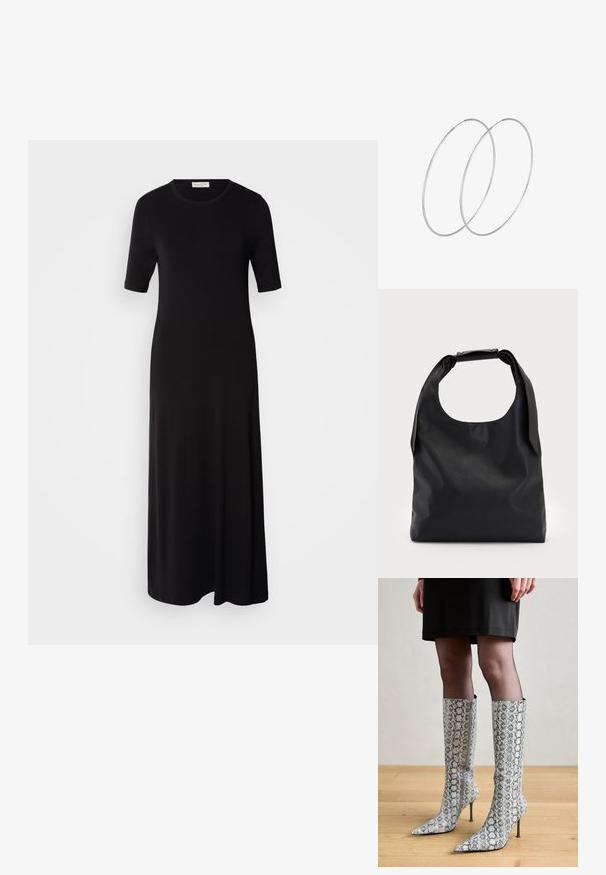 Schwarzes Maxikleid aus weichem Stoff, mit kurzen Ärmeln, rundem Ausschnitt und lockerer Passform. Keine sichtbaren Muster oder Akzente.; Spitz zulaufende, knielange Stiefel im Schlangendruck, mit einem strukturierten grauen und weißen Muster, Stiletto-Absätzen und einem seitlichen Reißverschluss.; Schwarze Leder-Hobo-Tasche mit einem einzelnen, weichen, abgerundeten Griff; verfügt über eine glatte Textur und ein minimalistisches Design. Keine sichtbaren Beschläge oder Akzente.; Silberne Creolen mit minimalistischem Design. Rundform, glatte Oberfläche und dünnes Profil. Leichtgewichtig mit hochglänzender Oberfläche.