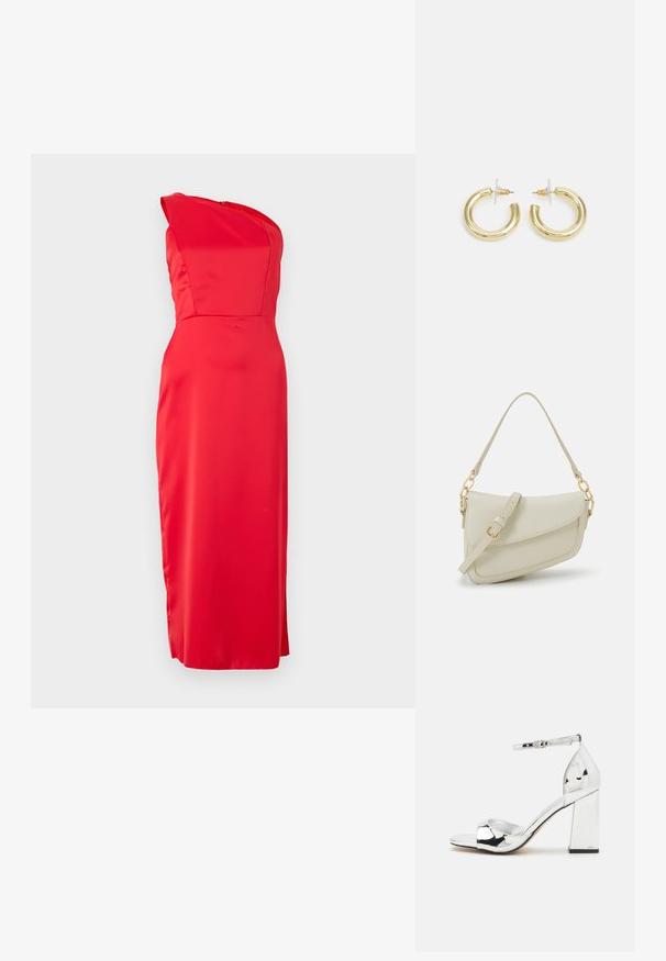 Rdeča satenasta obleka z oblikovanjem enega ramena in prilegajočim silhueto, ki se ponaša z gladko teksturo in dolgim, ravnim krojem do roba.; Srebrne sandale na visoki peto s blokastim petom, odprto konico in trakcem okoli gležnja. Imajo sijočo lakasto površino in podloženo podplat.; Mala kremna torbica z teksturiranim zaključkom, dolgim nastavljivim trakom, verižnim poudarkom in zapiranjem na poklop. Detajli iz zlatega kovinskega materiala.; Zlate uhane v obliki obročkov z gladko, sijočo površino. Krožna zasnova s majhnim nosilcem in prozornim podplatom za varno nošenje.