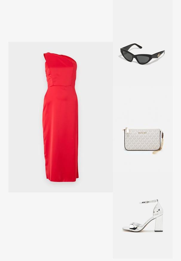 Raudonas satino suknelė su viena petneša ir prigludusia siluetu, pasižyminti lygiu paviršiumi ir ilgu, tiesiu kirpimu iki apačios.; Sidabriniai aukšti kulniukai su bloku, atvira pirštine ir kulkšnies dirželiu. Pabrėžiamas blizgantis patentuotas paviršius ir paminkštintas padas.; Katės akies saulės akiniai su matinio juodo plastiko rėmeliu, tamsiais lęšiais ir auksiniu logotipo akcentu ant šventyklos. Kampuota forma ir glotni tekstūra.; Michael Kors rankinė smėlio spalvos dengto kanvoje su pakartotiniu MK logotipo raštu, auksinėmis detalėmis ir nuimamu grandininiu dirželiu.