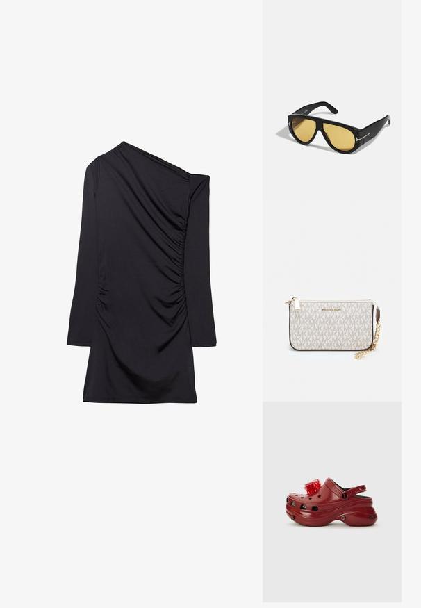 Schwarzes Kleid mit einem einseitigen Design, langem Ärmel und gerafftem Stoff an der Seite. Hergestellt aus weichem, dehnbarem Material.; Rote Kunststoff-Clogs mit Belüftungslöchern, einem erhöhten Absatz und einem floralen Akzent oben. Mit einem Rückengurt und strukturierten Seiten.; Schwarze Sonnenbrille mit geometrischem Rahmen, gelben Gläsern und goldenen Akzenten an den Bügeln. Glatte Oberfläche, breiter Schnitt, zeitgemäßes Design.; Michael Kors Clutch in beige beschichtetem Canvas mit einem wiederholten MK-Logo-Muster, goldfarbener hardware und einem abnehmbaren Kettenriemen.