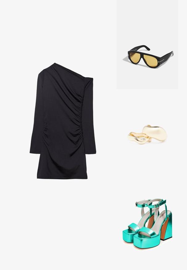 Musta mekko, jossa on yhdellä olkapäällä oleva muotoilu, pitkä hihat ja kerätty tekstuuri sivussa. Valmistettu pehmeästä ja venyvästä kankaasta.; Turkoosi metallin värinen platform-sandaali, jossa on tukeva korko. Siinä on leveä etuvarvasremmi ja nilkkaremmi, jossa on koristeellinen solki. Sileä pintakuvio.; Mustat aurinkolasit, joissa on geometrinen kehys, keltaiset linssit ja kultaiset yksityiskohdat ohjaimissa. Liukas rakenne, leveä muoto, nykyaikainen muotoilu.; Kultaisten korvakorujen orgaaninen, pavun muotoinen muotoilu ja sileä, heijastava pinta; sisältää minimalistisen suunnittelun ilman näkyvää mekanismia.