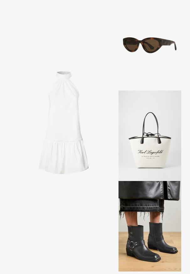 Biała bawełniana sukienka na ramiączkach z marszczonym dekoltem i falbaniastym dołem. Gładka tekstura, bezrękawowy krój i długość do kolan.; Czarne skórzane botki za kostkę z okrągłym noskiem, bocznym zamkiem błyskawicznym i szerokim paskiem ozdobionym metalowymi elementami. Koturn i teksturowe detale na podeszwie.; Okulary przeciwsłoneczne w stylu kocich oczu w kolorze motyla, z brązowymi soczewkami, charakteryzujące się gładkimi, błyszczącymi plastikowymi oprawkami oraz eleganckim designem. Brak widocznych logo lub akcentów.; Torba na ramię z płótna w kremowym kolorze z czarnymi skórzanymi akcentami, z zamknięciem na sznurku i nadrukowanym logo. Gładka faktura i wyraźny kształt.