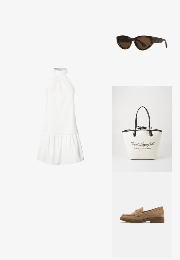 Robe halter blanche en coton avec un col froncé et un ourlet volanté évasé. Texture lisse, sans manches et silhouette à longueur genou.; Mocassins en daim beige avec un bout rond, des coutures décoratives et un talon en caoutchouc bas et épais pour plus de confort et d'adhérence.; Lunettes de soleil en forme d'œil de chat en écaille de tortue avec des verres marron, dotées de montures en plastique lisses et brillantes et d'un design élégant. Pas de logos ou d'accent visible.; Sac en toile crème avec des accents en cuir noir, présentant une fermeture à cordon et un texte logo imprimé. Texture lisse et forme structurée.