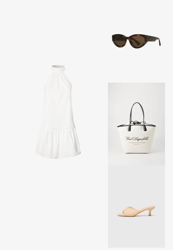 Bijela pamučna halter-haljina s nabrani vratom i raširenim volanima na rubu. Glatka tekstura, bez rukava i silueta do koljena.; Bež mules s otvorenim prstima i potpeticom, s glatkom mat završnom obradom, ukrašene dekorativnim prozirnim rhinestones raspoređenim u uzorak na gornjem dijelu.; Mačkaste sunčane naočale u obliku mačjih očiju s smešnim lećama, imaju glatke, sjajne plastične okvire i elegantan dizajn. Nema vidljivih logotipa ili akcenta.; Platnena torba u krem boji s crnim kožnim detaljima, koja ima zatvaranje na vezicu i ispisani logotip. Glatka tekstura i strukturirani oblik.