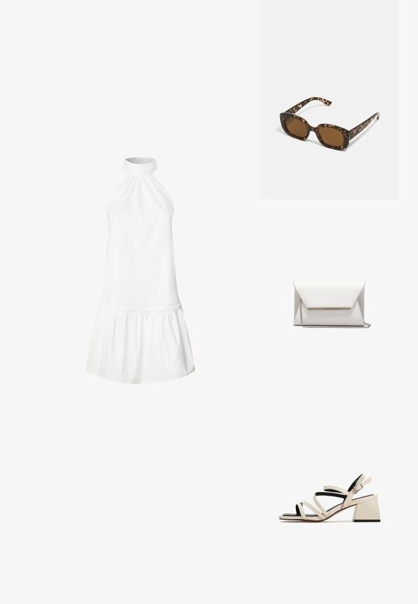 Witte katoenen halterjurk met een geraffineerde halslijn en een uitlopende rijgzoom. Soepele textuur, mouwloos ontwerp en jurk die tot de knie reikt.; Sandalen met hakken in crème leer met een blokhak. Voorzien van dunne bandjes en een zwarte zool, met een verstelbare enkelsluiting.; Tortoiseshell zonnebril met een ronde, stevige montuur en bruine lenzen. Heeft subtiele patronen en rechte, taps toelopende veren.; Witte enveloppe clutch van soepel leer met een zilveren kettingriem en een metalen accentbalk aan de voorkant. Minimalistisch ontwerp en driehoekige vorm.