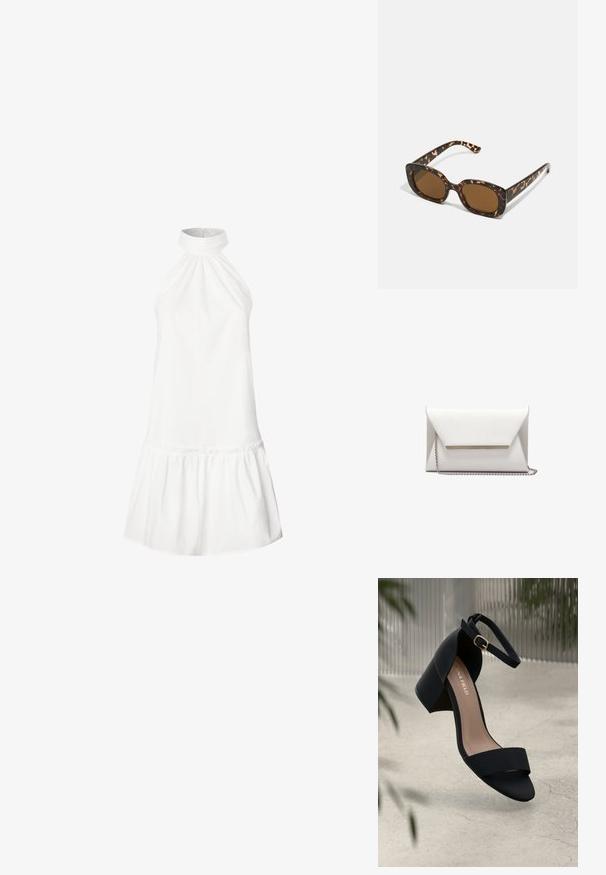 Rochie albă din bumbac, cu gât de tip halter și tiv flonado. Textură netedă, design fără mâneci și siluetă de lungime până la genunchi.; Sandale negre cu toc, cu o curea lată și curea pentru gleznă, având o textură mată și un toc bloc. Logo-ul brandului este vizibil pe brant.; Ochelari de soare cu chelă de broască țestoasă, având un cadru rotund și voluminos, cu lentile maro. Prezintă modele subtile și brațe drepte, conice.; Clutch alb cu un design minimalist, realizat din piele netedă, având o curea din lanț argintie și un bar metallic pe față. Formă triangulară.