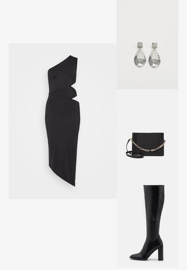 Svart kjole med én skulder laget av glatt stoff, med asymmetrisk kutt, drapert detaljering og en slank, figurvennlig silhuett.; Knæhøye svarte lærstøvler med spiss tå og kraftig hæl. Glatt tekstur med minimale detaljer og et tettsittende skaftdesign.; Svart lær crossbody-veske med glatt tekstur, rektangulær form og metallkjede detaljer på framsiden. Justerbar stroppe inkludert.; Sølv dråpeøreringer med firkantet studs, med en glatt, polert overflate og en tåreformet design som reflekterer lys med en blank overflate.