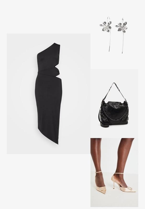 Juodas vieno peties suknelė, pagaminta iš lygaus audinio, su asimetriniu kirpimu, drapiruotais detalėmis ir elegantiška, kūną aptempiančia siluetu.; Bežinės atlasinės aukštakulnės avalynės su smailiais pirštais, papuoštos brangakmenių sagtimi ir nertiniu dirželiu aplink kulkšnį. Pabrėžti blizgantys stileto kulniukai.; Juoda odinė petinė rankinė su tekstūruotu paviršiumi, turinti grandinėlės akcentą, reguliuojamą diržą ir sidabro spalvos detales.; Sidabrinės gėlių formos auskarai su tekstūruotu paviršiumi, turintys ilgas kabliuko formas ir žiedlapiams panašius detalizavimo elementus, sudarantys sudėtingą dizainą.