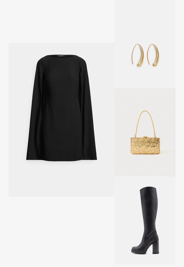 Musta pitkähiha toppi, jossa pyöreä pääntie. Valmistettu sileästä kankaasta, jossa sivuhalkiot, tarjoten tyylikkään ja modernin siluetin.; Mustat polvipituiset saappaat, sileää nahkaa, paksu korko, pyöreä kärki, kuvioitu pohja, jossa on pito, tyylikäs muotoilu ilman koristeluja.; Kultaiset paljetti-clutchet, joissa on suorakulmainen muotoilu, kierretty ketjukahva sekä metallinen lukitus, heijastavat valoa teksturoidun pinnan ansiosta.; Korvakorut kultasävytteistä metallista, joissa on kaareva, pitkänomainen muoto. Ominaisuuksiin kuuluu sileä, kiiltävä pinta ja pyöreä kärki lisäyksinä.