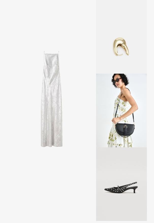Dlouhá, bezramenní róba z lesklé bílé tkaniny, s výstřihem do V a elegantním, splývavým tvarem s jemnou texturou a bez viditelných vzorů.; Černé slingback boty s špičatou špičkou, zdobené stříbrnými hroty, se střídmým podpatkem a detailním zapínáním na přezku.; Černá kožená kabelka s křivkovým tvarem, odnímatelným popruhem a zlatými detaily. Kabelka má klopu s přezkou.; Náušnice ve zlatém tónu z kovu s elegantním zakřiveným designem. Vyznačují se jedinečným špičatým tvarem, lesklým povrchem a závěsem na kloub.