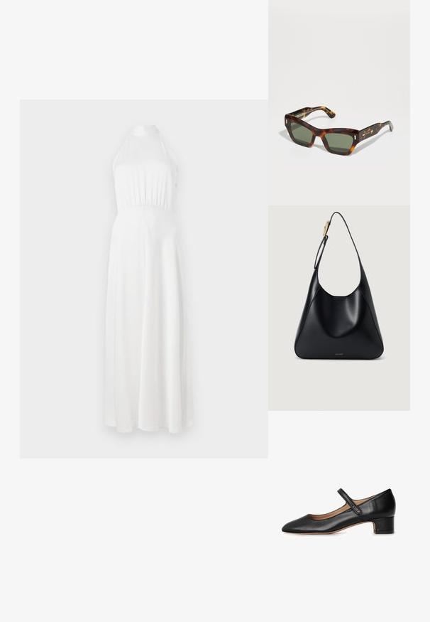 Biała maxi sukienka na ramiączkach z dopasowanym korpusem, marszczonym w pasie i zwiewnym spódnicą. Gładki materiał o subtelnym połysku.; Czarne skórzane buty typu Mary Jane z zaokrąglonym noskiem, niskim blokowym obcasem i centralnym paskiem. Gładka tekstura z minimalnymi akcentami.; Okulary przeciwsłoneczne w stylu tortoiseshell z prostokątnymi zielonymi soczewkami. Gruba oprawa z złotymi akcentami na skroniach. Gładka tekstura i kanciasty design.; Czarna skórzana torebka na ramię o gładkiej teksturze, zaokrąglonym kształcie i złotych akcentach. Posiada wytłoczone logo marki na dole.
