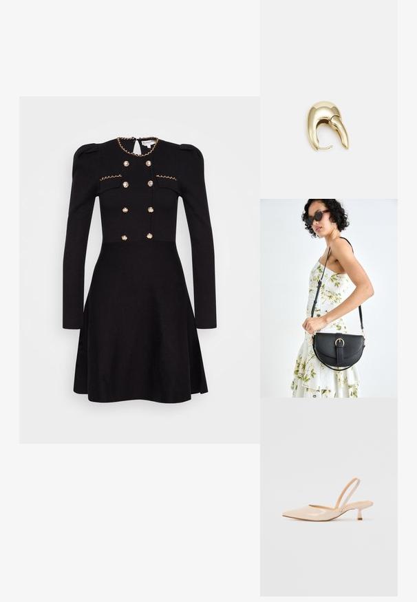 Sort kjole med lange ærmer, dekorativt guld kæde ved halsudskæringen, dobbeltknaplukning fortil med stofbetrukne knapper og figursyet talje.; Beige patenteret læder slingback høje med spids tå og en slank, firkantet hæl. Glat tekstur og minimalistisk design uden udsmykninger.; Sort læderhåndtaske med en buet form, aftagelig rem og guldfinish. Tasken har en klap med en spænde detalje.; Guldtonet metal ørering med et slankt, buet design. Har en karakteristisk spids form, poleret overflade og hængselåbning.