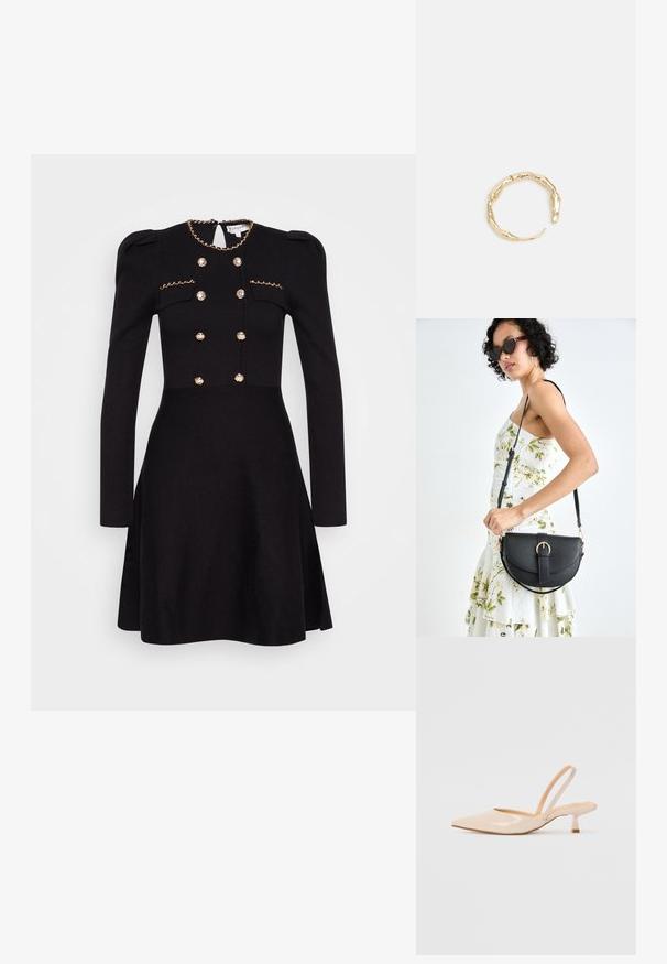 Melna kleita ar garām piedurknēm, dekoratīva zelta ķēde ap kaklu, divrindas priekšpuse ar auduma pārklātiem pogām un pieguļoša josta.; Bežīgas lakotas ādas slingback papēži ar smailu purngalu un šauru, kvadrātveida papēdi. Gluda tekstūra un minimālistisks dizains bez dekorēšanas elementiem.; Melnas ādas rokassoma ar izliekta formu, noņemamu siksnu un zelta aksesuāriem. Somai ir vāciņš ar sprādzes detaļu.; Zelta toņa gredzens ar organisku, vērptu dizainu, gludu virsmu un sašaurinātiem galiem, radot mūsdienīgu, skulpturālu izskatu.