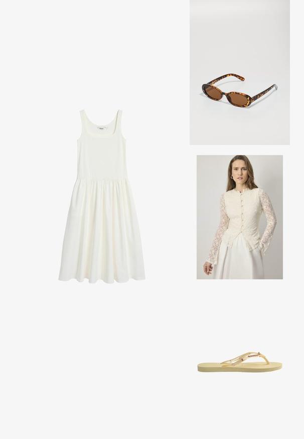 Valkoinen hihaton mekko, joka on valmistettu pehmeästä ja kevyestä kankaasta. Ominaisuuksiin kuuluu neliömäinen pääntie ja laskostettu hame, joka tarjoaa rennon istuvuuden.; Kermavärvinen pitsipaitak, jossa on pitkät, läpinäkyvät pitsihihat, pyöreä kaula-aukko ja napitus edessä. Laskostettu siluetti.; Keltaiset sandaalit, joissa on teksturoitu pohja, läpinäkyvät hihnat, joissa on helmi- ja tähtiakselit, sekä sujuva, minimalistinen muotoilu.; Silmustäkkilised prillid ovaalsete raamidega, pruunid läätsed ja õhukesed mustad käepidemed, millel on peened mustri aksendid.