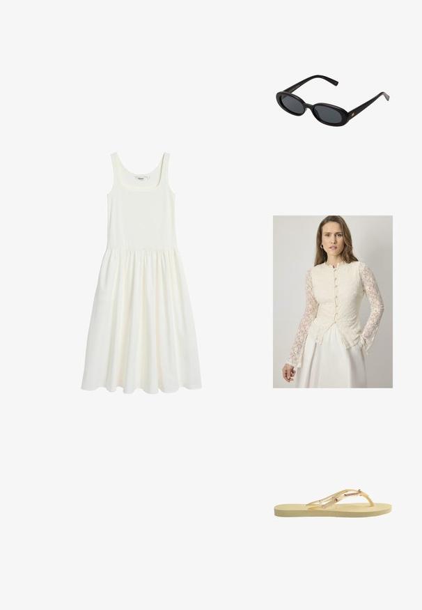 Hvid ærmeløs kjole lavet af blødt, letvægtigt stof. Har en firkantet halsudskæring og plisseret nederdel, der giver en afslappet pasform.; Cremefarvet bluse i blonder med lange, gennemsigtige blondeærmer, rund halsudskæring og knapdetaljer langs fronten. A-fløjtet silhuet.; Gul flip-flop med en tekstureret sål, transparente remme med perle- og stjernesmykker, samt et glat, minimalistisk design.; Store store