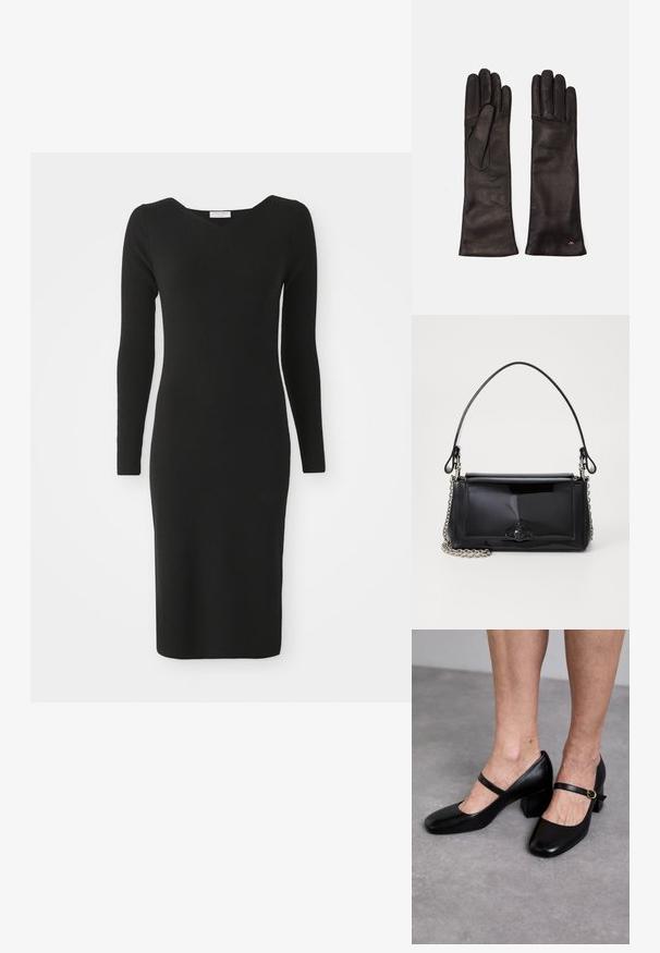 Abito nero a coste, con una silhouette aderente, maniche lunghe e scollatura a V, texture liscia, lunghezza al ginocchio, stile minimalista.; Stuart Weitzman Decolleté - black; Borsa a tracolla in vernice nera con forma rettangolare, tracolla a catena e un distintivo accessorio in metallo al centro. Texture liscia.; Weekend Max Mara SENAPE - Guanti - nero