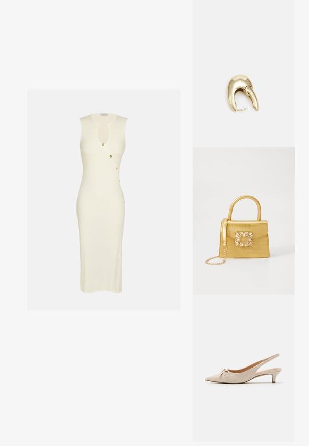 Vestido largo y ajustado sin mangas en tela de punto marfil claro. Presenta un escote redondo y botones laterales con acentos en dorado.; Tacones slingback de charol beige con puntera afilada y un lazo decorativo en el empeine. Incluyen un tacón bajo y estilizado con una textura suave.; Bolso de mano de imitación cocodrilo amarillo con un diseño estructurado, asa superior, correa de cadena desmontable y embellecimiento de cristal decorativo en el cierre.; Pendiente de metal en tono dorado con un diseño elegante y curvado. Presenta una forma puntiaguda distintiva, superficie pulida y cierre de bisagra.
