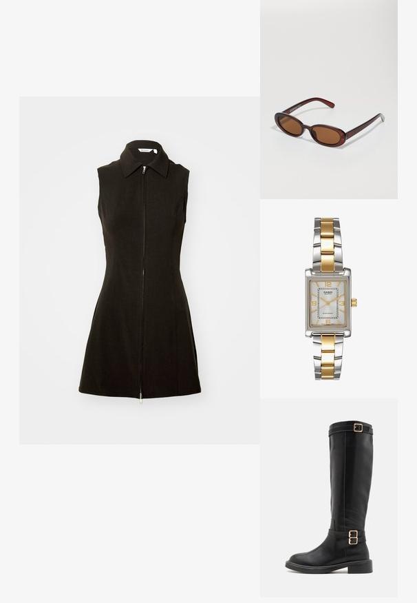Fekete, ujjatlan ruha, melynek galléros dekoltázsa és elülső cipzáras záródása van, sima anyagból készült, fitted sziluettjével és bővülő szegélyével.; Fekete, térd fölé érő csizmák sima bőrből, lekerekített orral, vastag sarkú kialakítással és dupla arany csattal az ankle pánton.; Kerek, barna árnyalatú napszemüveg fényes burgundi kerettel. Karcsú karok diszkrét márkázással. Lapos lencse kialakítás.; Casio kvarcóra téglalap alakú ezüst számlappal, arany díszítésekkel és két színű fém karkötővel ezüst és arany színben. Vízzáró funkcionalitás.