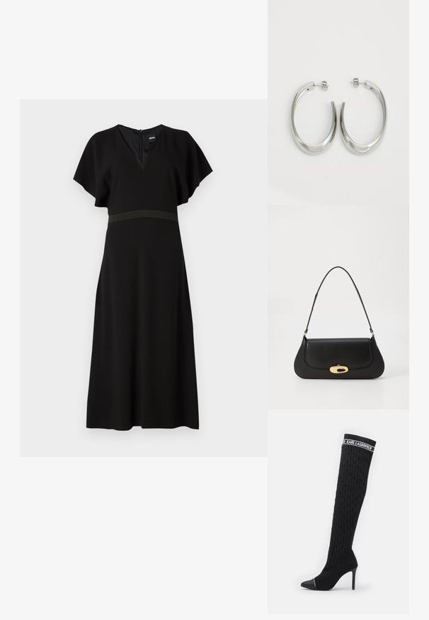 Robe noire avec un décolleté en V, des manches courtes papillon et une bande horizontale contrastante à la taille. Fabriquée à partir d'un tissu lisse et fluide.; Bottines noires au-dessus du genou avec un design en tricot texturé, bout pointu et talon aiguille. Présente une bande logo en haut.; Sac à main en cuir noir avec un design incurvé, matériel doré et une poignée sur le dessus. Présente une fermeture élégante et une texture lisse.; Boucles d'oreilles en argent avec un design lisse et courbé. Présentent une finition métallique brillante et une fermeture à clou. Pas de motifs ou d'accents visibles.