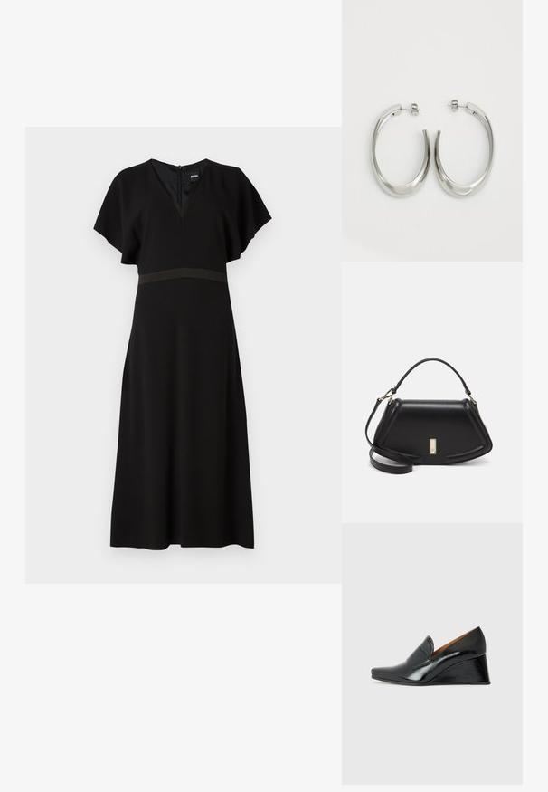 Abito nero con scollo a V, maniche corte a sbuffo e una fascia orizzontale a contrasto in vita. Realizzato in un tessuto liscio e fluido.; Chie Mihara VECINO - Zeppe - black; Borsa a mano in pelle nera con un design strutturato, caratterizzata da una forma corta, manico superiore e accessori in metallo dorato. Inclusa tracolla regolabile.; Orecchini a cerchio argentati con un design liscio e curvo. Presentano una finitura metallica lucida e una chiusura a perno. Nessun motivo o accentuazione visibile.