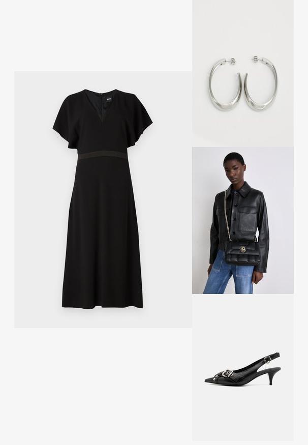 Black dress with a V-neck, short flutter sleeves, and a contrasting horizontal band at the waist. Made from a smooth, draping fabric.; Black leather slingback shoe with a pointed toe, featuring a decorative strap and silver buckle detail, and a narrow high heel.; Black leather jacket with button closure and two front pockets, paired with a black quilted handbag featuring a gold clasp and chain strap.; Silver hoop earrings with a smooth, curved design. Features a shiny metallic finish and stud closure. No visible patterns or accents.