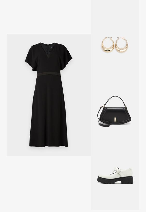 Vestido negro con escote en V, mangas cortas tipo volantes y una banda horizontal en contraste en la cintura. Hecho de una tela suave y fluida.; Zapato de charol blanco con diseño de barra T, hebilla plateada, suela gruesa de goma negra y acentos texturizados en el talón y la suela.; Bolso de mano de cuero negro con un diseño estructurado, que presenta una forma recortada, asa superior y acentos en dorado. Correa de hombro ajustable incluida.; Pendientes de aro en tono dorado con forma de media luna, superficie pulida y cierre tipo bisagra. La textura suave y el acabado reflectante mejoran la visibilidad.