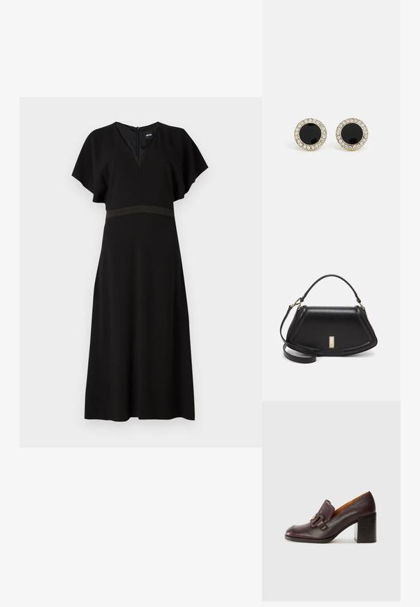 Zwarte jurk met een V-hals, korte fluttermouwen en een contrasterende horizontale band op de taille. Gemaakt van een gladde, vallende stof.; Chie Mihara NOWA - Klassieke pumps - kimera grape; Zwarte leren handtas met een gestructureerd ontwerp, featuring een verkorte vorm, bovenhandvat en gouden hardwareaccent. Inclusief verstelbare schouderband.; Zwarte leren handtas met een gestructureerd ontwerp, featuring een verkorte vorm, bovenhandvat en gouden hardwareaccent. Inclusief verstelbare schouderband.; DKNY INLAY STUD - Oorbellen - black/gold-coloured