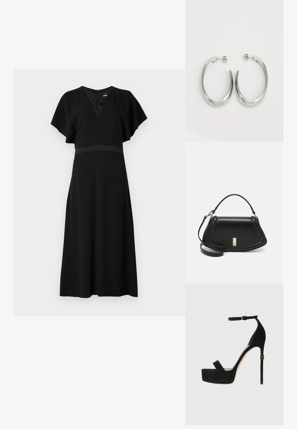 Black dress with a V-neck, short flutter sleeves, and a contrasting horizontal band at the waist. Made from a smooth, draping fabric.; Black suede high-heeled platform sandal with an ankle strap and gold-toned hardware accents. Features a rounded toe and stiletto heel.; Black leather handbag with a structured design, featuring a cropped shape, top handle, and gold hardware accent. Adjustable shoulder strap included.; Silver hoop earrings with a smooth, curved design. Features a shiny metallic finish and stud closure. No visible patterns or accents.
