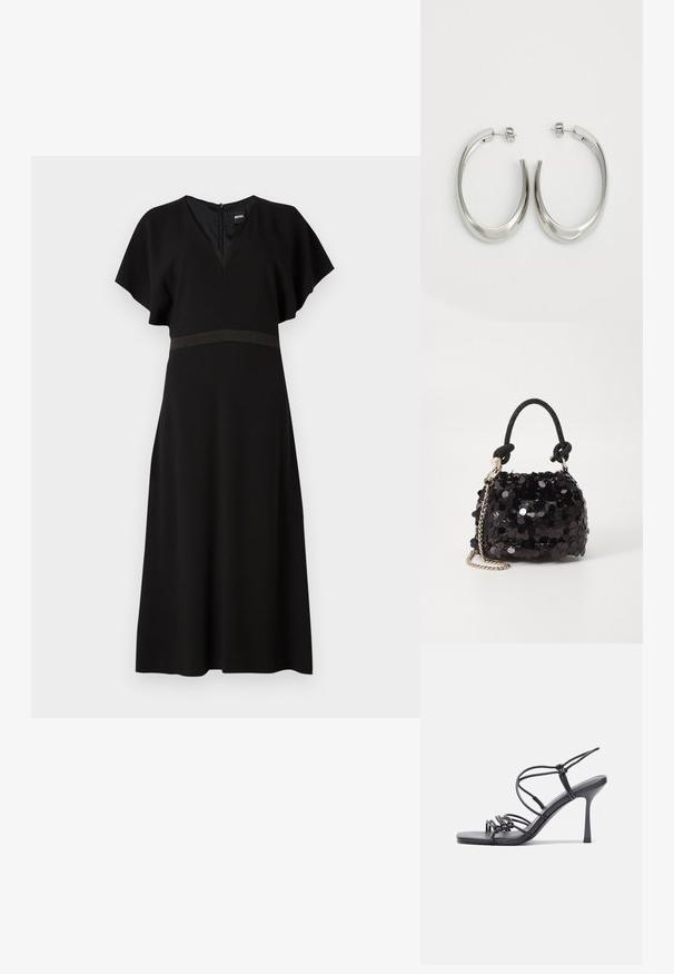 Robe noire avec un décolleté en V, des manches courtes papillon et une bande horizontale contrastante à la taille. Fabriquée à partir d'un tissu lisse et fluide.; Des sandales noires à talons hauts avec des fines lanières au design noué, un bout carré lisse et un talon aiguille élégant.; Mini sac à main en sequins noirs avec une bandoulière texturée nouée et une chaîne argentée. Forme arrondie avec un haut froncé et des détails réfléchissants.; Boucles d'oreilles en argent avec un design lisse et courbé. Présentent une finition métallique brillante et une fermeture à clou. Pas de motifs ou d'accents visibles.