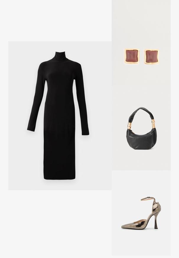 Černé šaty s dlouhým rukávem, vysokým výstřihem a žebrovanou texturou, s rovnou siluetou a délkou ke kolenům.; Kovově šedá lodička na vysokém podpatku s špičatou špičkou, kotníkovým páskem a jedinečným úhlovým designem paty. Hladký povrch s jemným leskem.; Černá kožená kabelka s kulatým tvarem, měkkou texturou a uzlovou rukojetí se zlatými kovovými detaily. Zapínání na zip.; Čtvercové náušnice s hlubokým burgundským středem a texturovaným zlatým rámem. Hladký povrch s zaoblenými hranami.