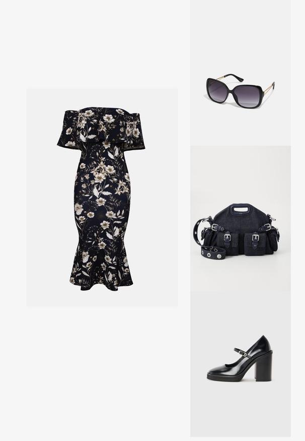 Rochie maxi off-the-shoulder în nuanță de navy cu un model floral alb și auriu. Siluetă aderentă cu margine evazată, fabricată dintr-un material neted și elastic.; Pantof cu toc înalt din piele patent neagră, cu vârful rotund, curea la gleznă, detalii cu cataramă argintie și toc bloc masiv.; Ochelari de soare negri, supradimensionați, cu lentile degradate, rame groase și detalii cu lanț de ton auriu pe brațele templului.; Geantă din denim albastru închis, cu o formă rotunjită, mai multe buzunare exterioare, curea ajustabilă și accente din metal argintiu. Manevra de sus este inclusă.