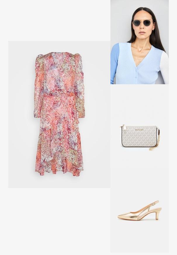 Kvetinové, priesvitné šaty s viazaním v odtieňoch ružovej, oranžovej a levandulovej; dlhé vypchávkové rukávy s volánovým lemom a textilným pásom v páse.; Zlaté metalické slingback topánky s špicatou špičkou, miernym opätkom a nastaviteľným pásikom. Hladký povrch, elegantný dizajn a otvorené strany.; Okrúhle slnečné okuliare s tmavými šošovkami a zlatým rámom. Modelka má na sebe svetlomodrý pletený kardigán s gombíkmi a bielymi rukávmi v kontraste.; Michael Kors zápästná taška v béžovej potiahnutej plátenej tkanine s opakujúcim sa vzorom loga MK, zlatým kovania a odnímateľným reťazovým popruhom.