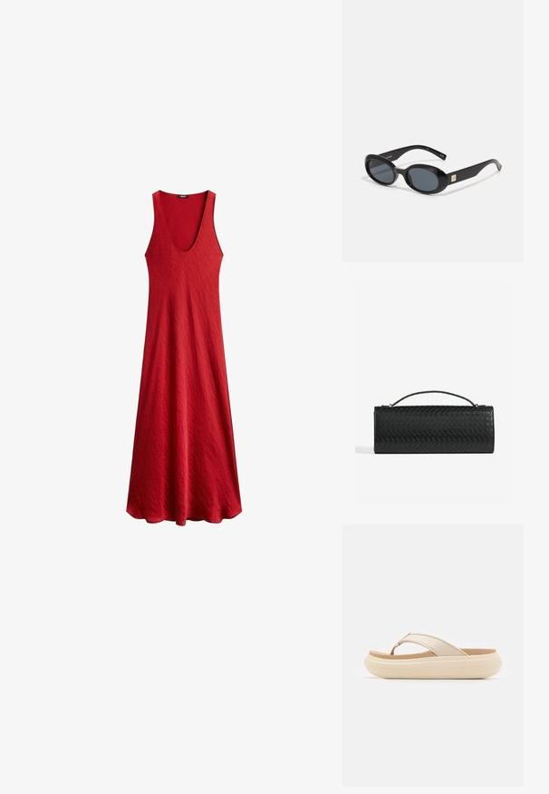 Červené šaty bez rukávů s hlubokým výstřihem do V, vyrobené z texturované látky. Volně se pohybují od pasu, čímž vytvářejí uvolněnou siluetu.; Béžové žabky s širokým páskem na prsty a silnou, zaoblenou podrážkou. Vyznačují se hladkým svrškem a kontrastní hnědou stélkou.; Černé oválné sluneční brýle s tmavými skly, lesklým plastovým rámem, širokými stranami a malým zlatým detailem na jedné straně.; Černá pletená kožená kabelka do ruky s obdélníkovým tvarem, tenkým uchem a jemnými zlatými kovovými detaily.; Černý šňůrkový náhrdelník s texturovanými šedými a bílými korálky, s velkým černým třásňovým přívěskem na spodní straně. Nastavitelná délka.