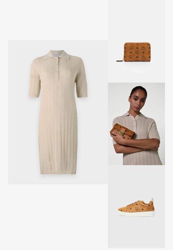 Strickkleid in Creme mit kurzen Ärmeln, Polokragen und Knopfleiste. Verfügt über ein strukturiertes Muster, das vertikal entlang des Stoffes verläuft.; Braune Ledersneaker mit kontrastierenden weißen Gummisohlen, die schwarze Rautenmuster und MCM-Logos an der Seite aufweisen. Mit Schnürsenkeln und einer Rücklasche.; Frau mit glattem, nach hinten gekämmtem Haar trägt ein beiges Poloshirt mit kurzen Ärmeln aus Strick und hält eine beige, gemusterte Leder-Clutch mit goldenem Verschluss und Kette.; Braune Lederbörse mit Reißverschluss, die schwarze MCM-Logo-Muster und Diamantakzente auf einer glatten Oberflächenstruktur aufweist.
